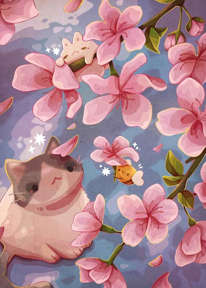 Cats and Cherry Blossoms Illustration