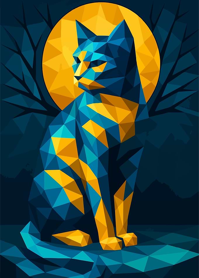 Geometric Cat with Moon Digital Art