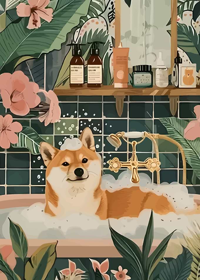 Shiba Inu in a Floral Bathtub