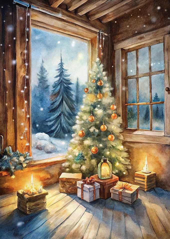 Watercolor Christmas Tree in Cozy Cabin