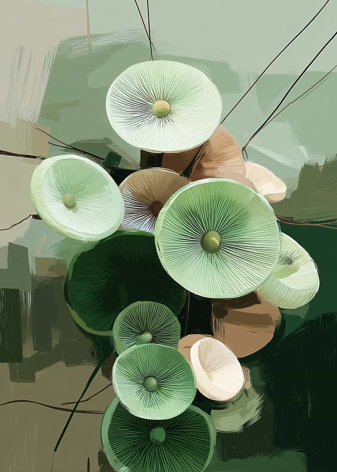 Abstract Mushroom Art in Green Tones
