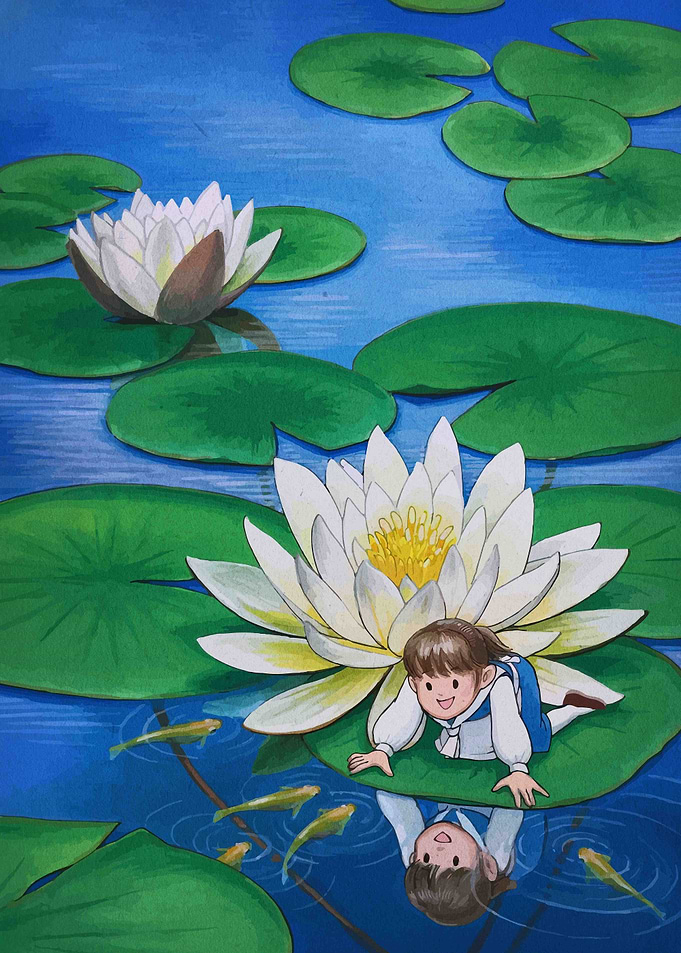 Girl on Lily Pad in Pond
