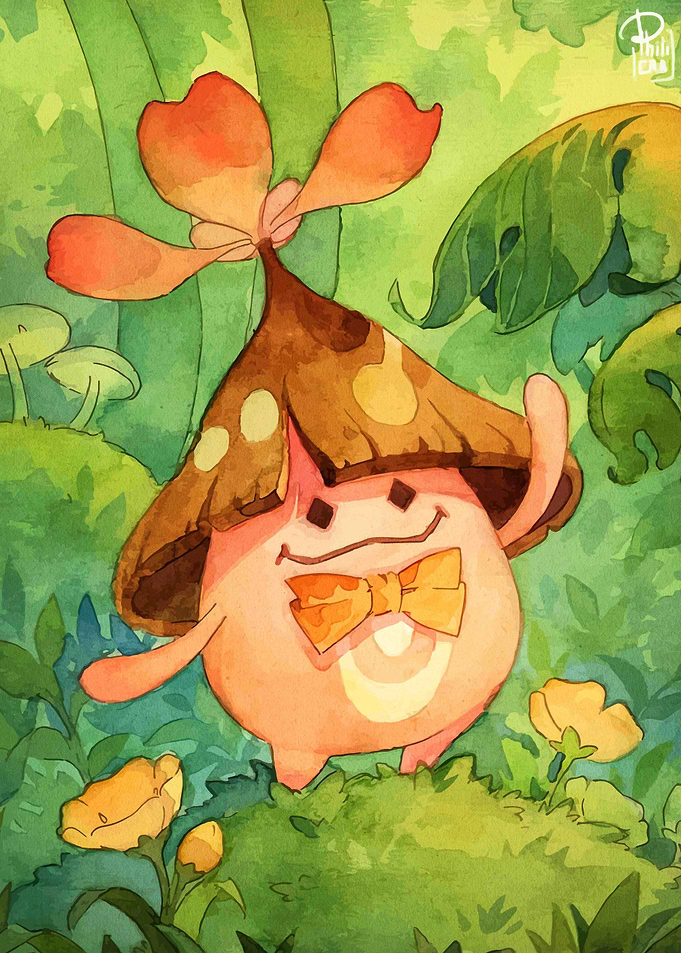 Cute Mushroom Character in Forest Watercolor