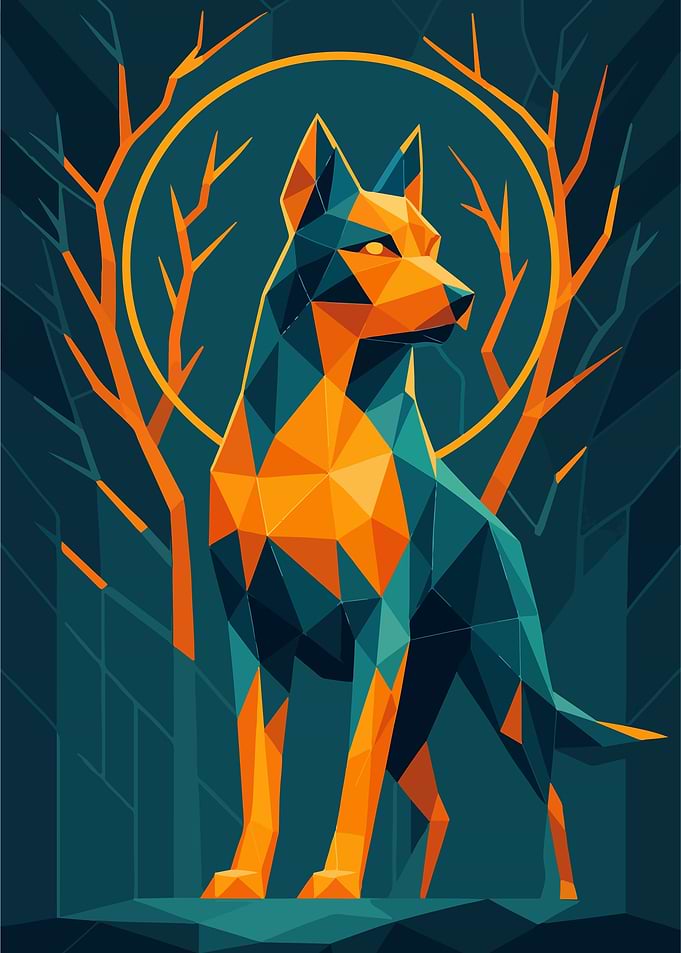 Geometric Dog in Forest Illustration