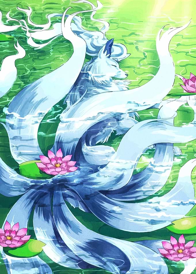 Nine-tailed Fox in Water Lilies