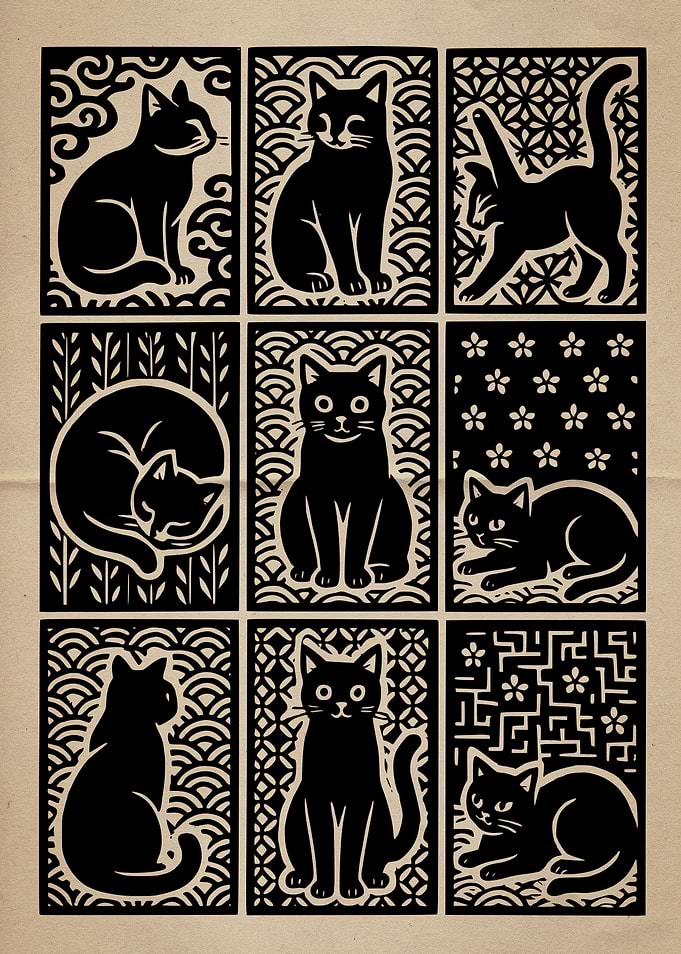 Black Cats Pattern Linocut Art