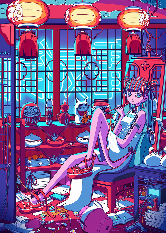 Asian-Inspired Girl with Lanterns and Neon