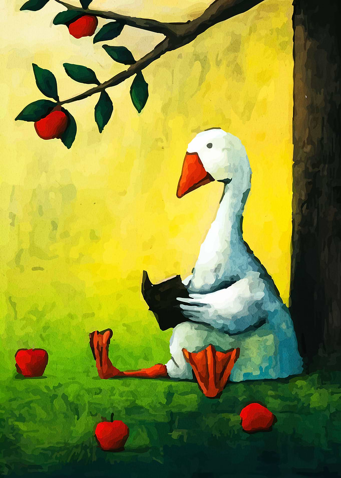 Goose Reading Book Under Apple Tree