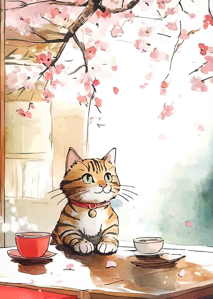 Cat with Tea and Cherry Blossoms