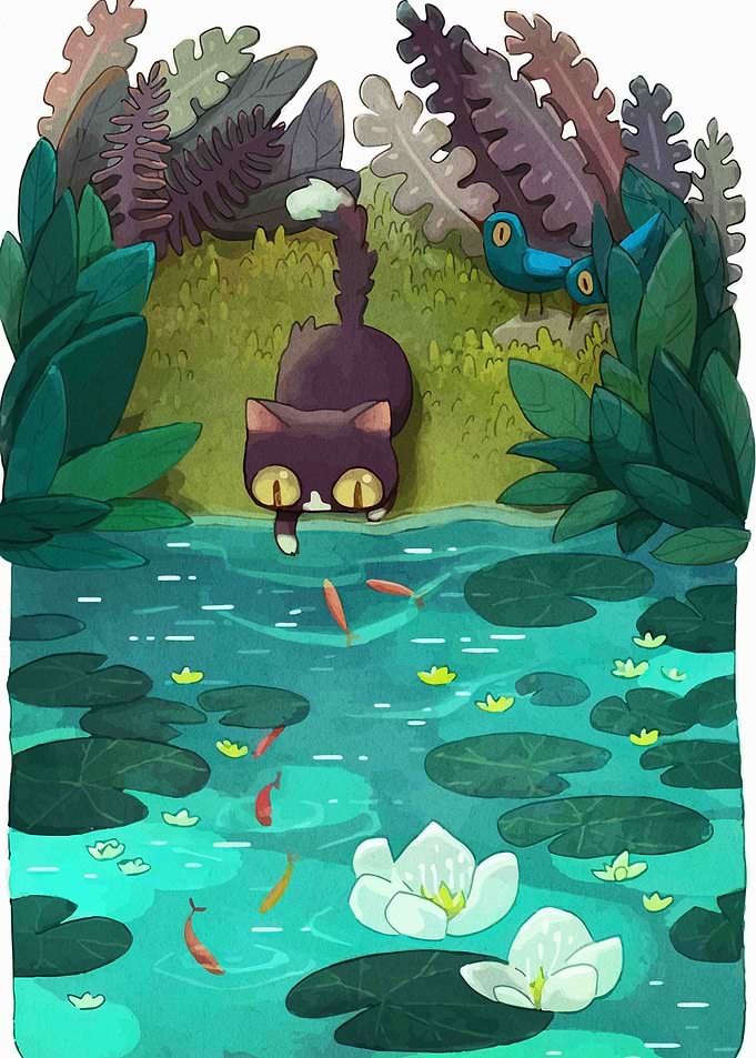 Cat and Fish in Pond Illustration