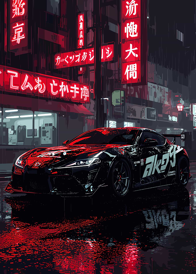 Black Sports Car in Neon Cityscape