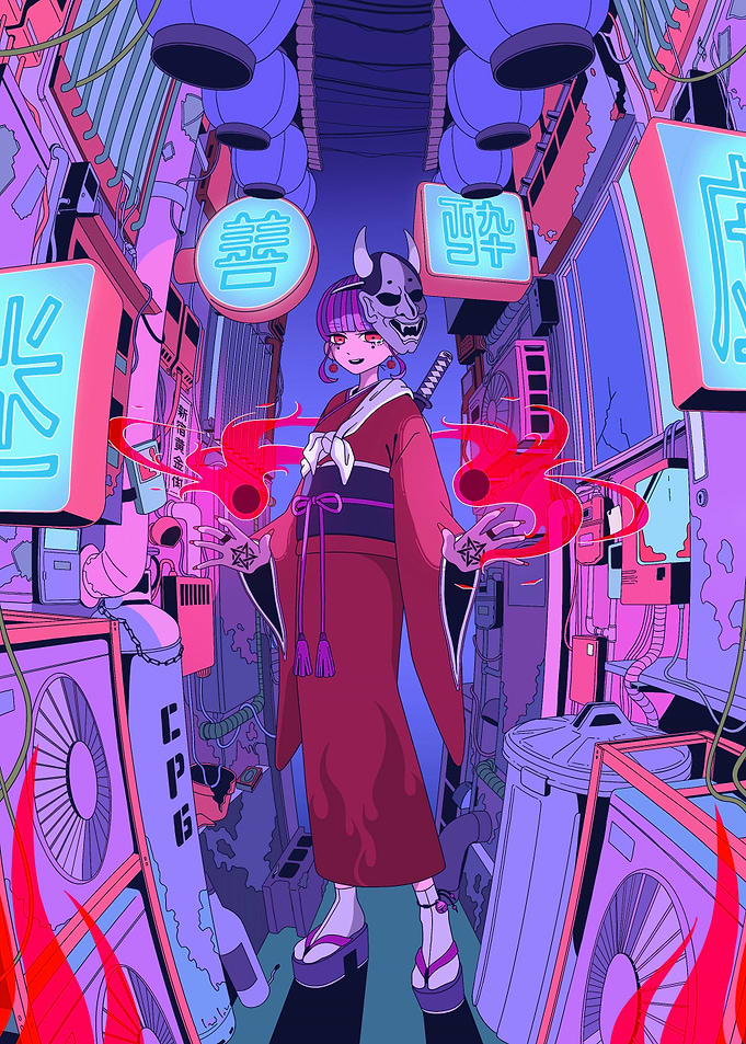 Cyberpunk Girl with Mask and Magic