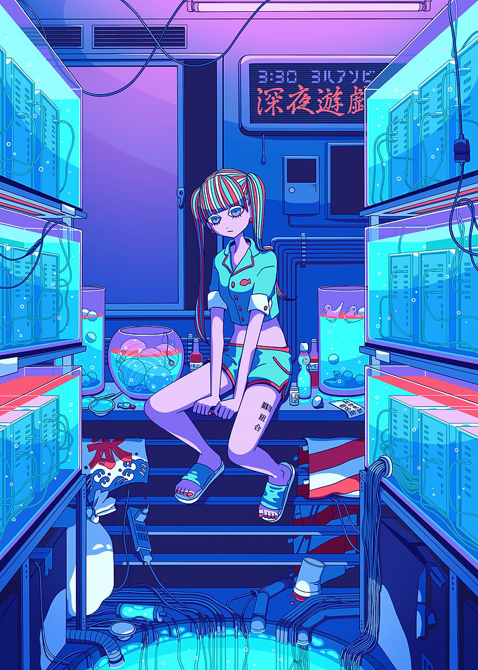 Anime Girl in Cyberpunk Room
