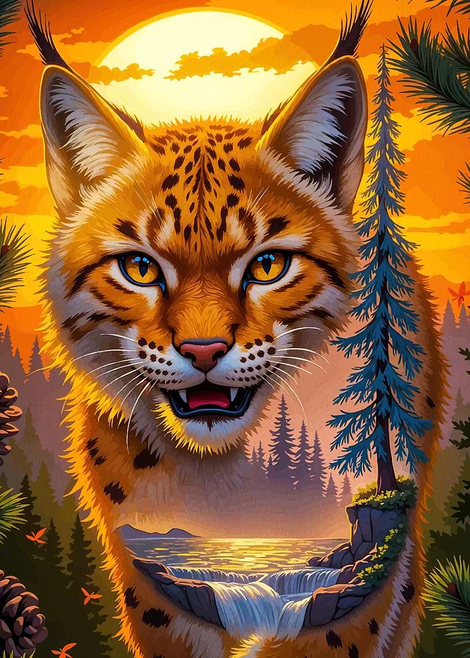 Lynx Portrait Waterfall Landscape