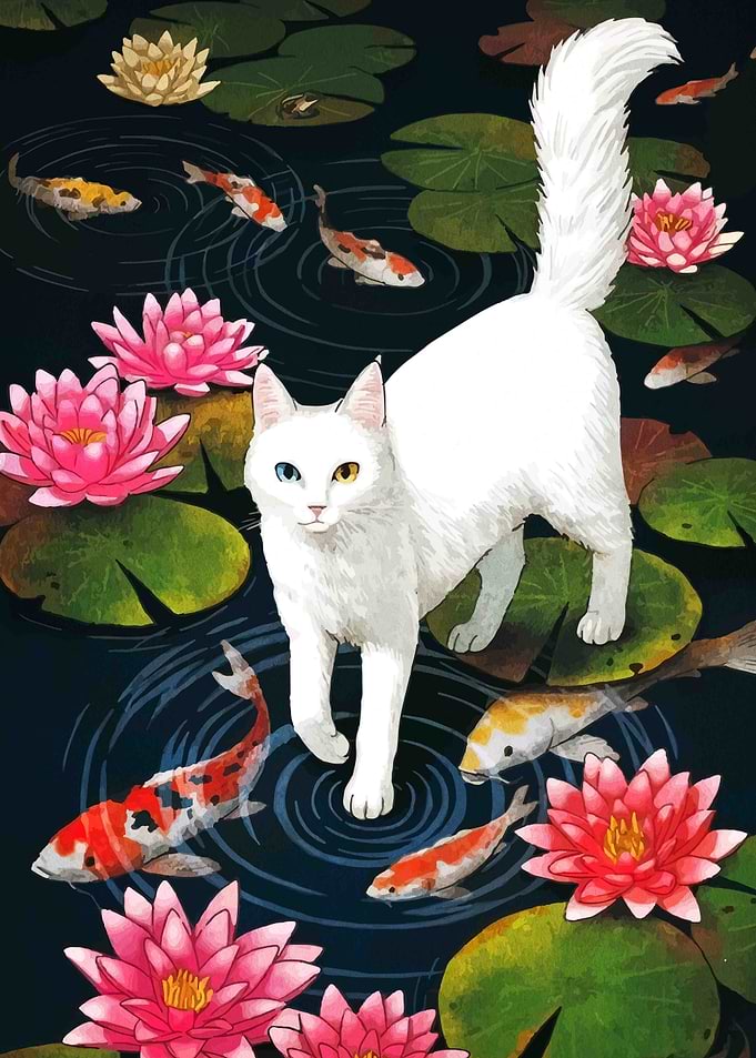 White Cat in Koi Pond Illustration