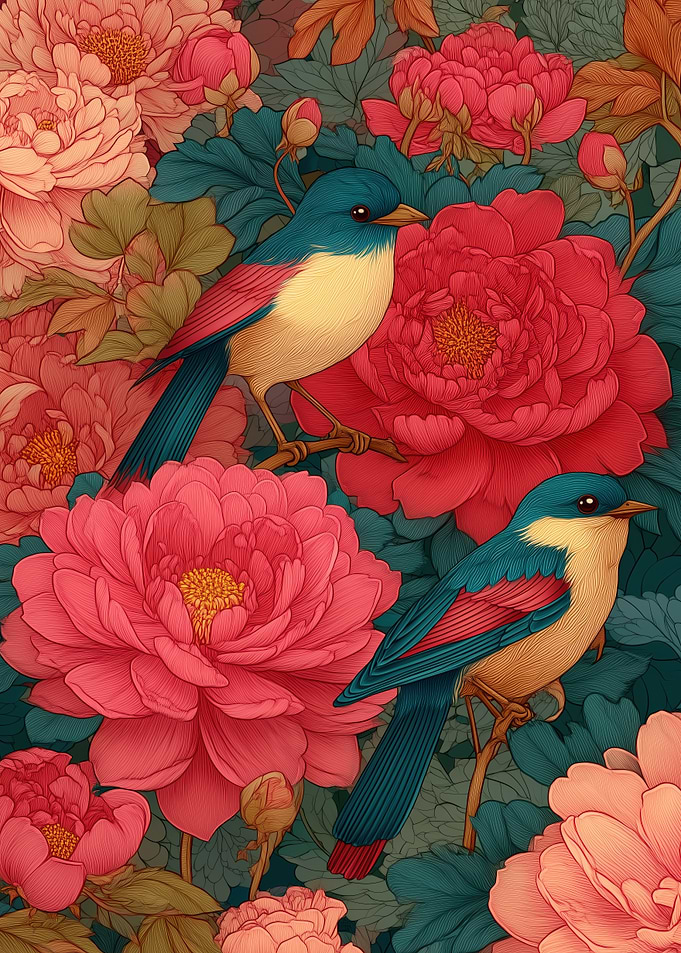 Birds and Peonies Floral Art