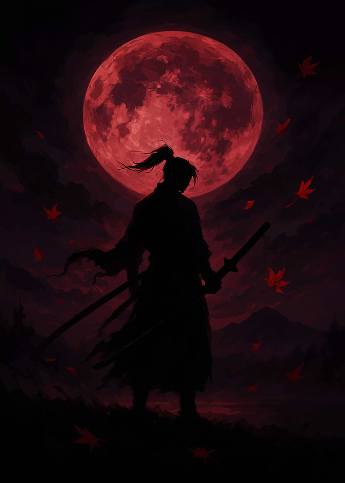 Samurai Silhouette Under Red Moon