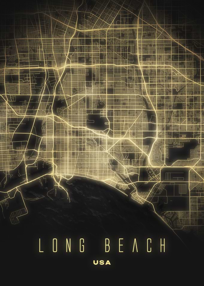 Long Beach, USA - Illuminated City Map Poster, Minimalist Street Print