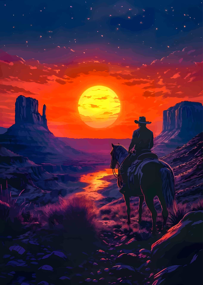 Cowboy and Horse at Sunset