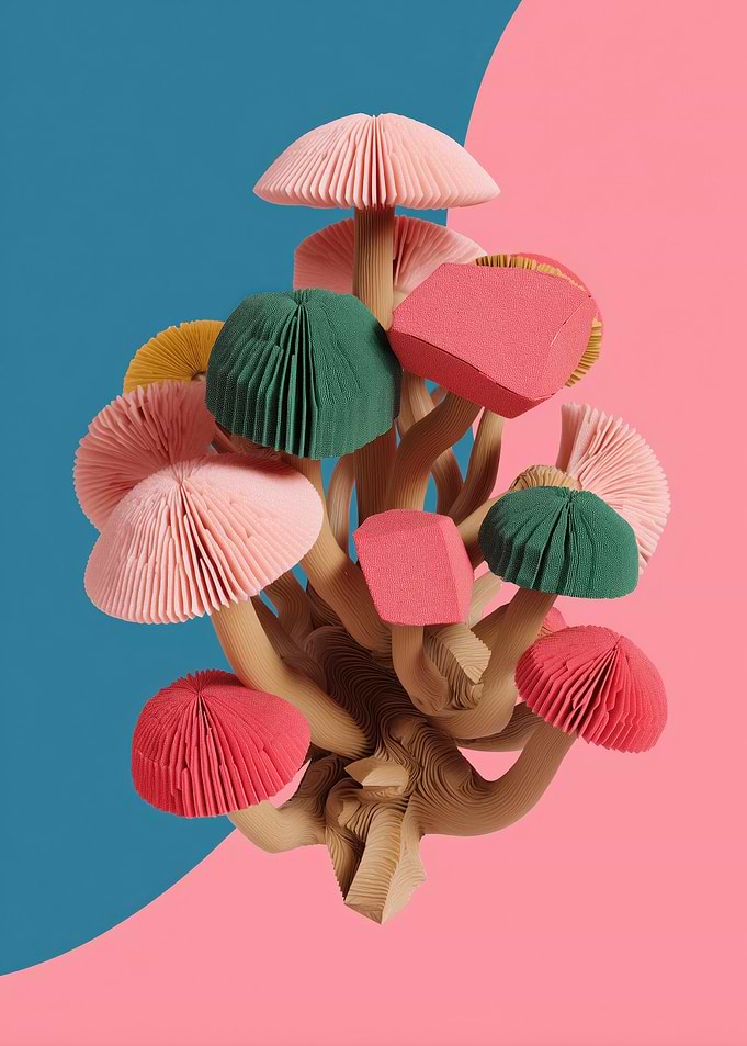 Colorful Mushroom Cluster on Split Background