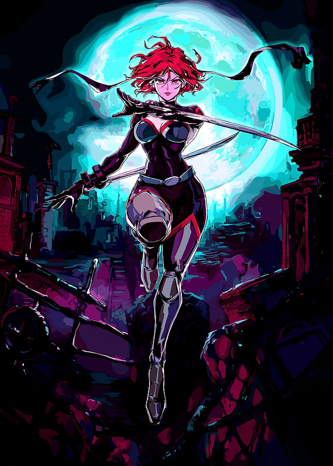 Red-haired warrior woman with swords