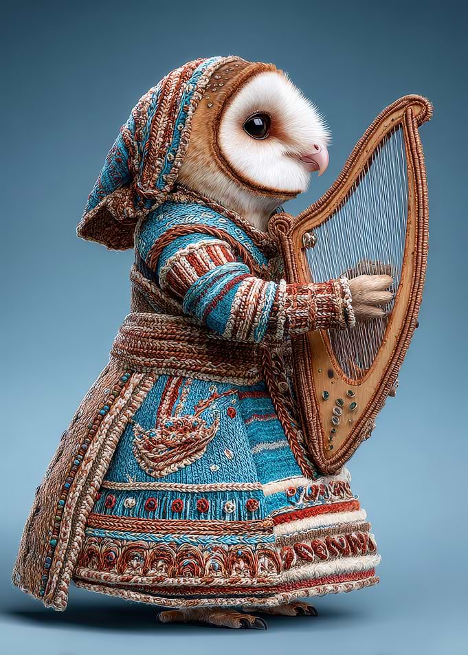 Anthropomorphic Owl Playing Harp in Knitted Outfit