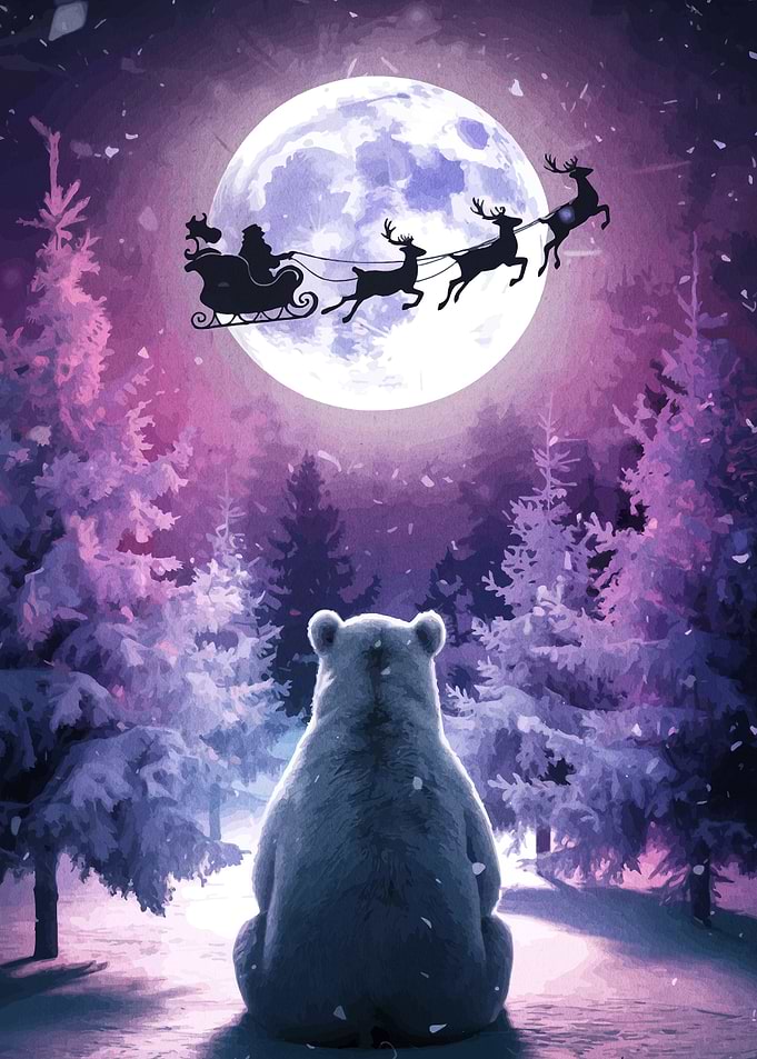 Bear watching Santa in winter forest