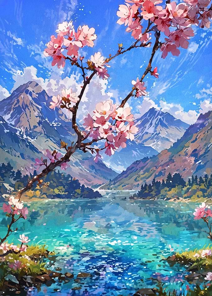 Cherry Blossoms by Lake