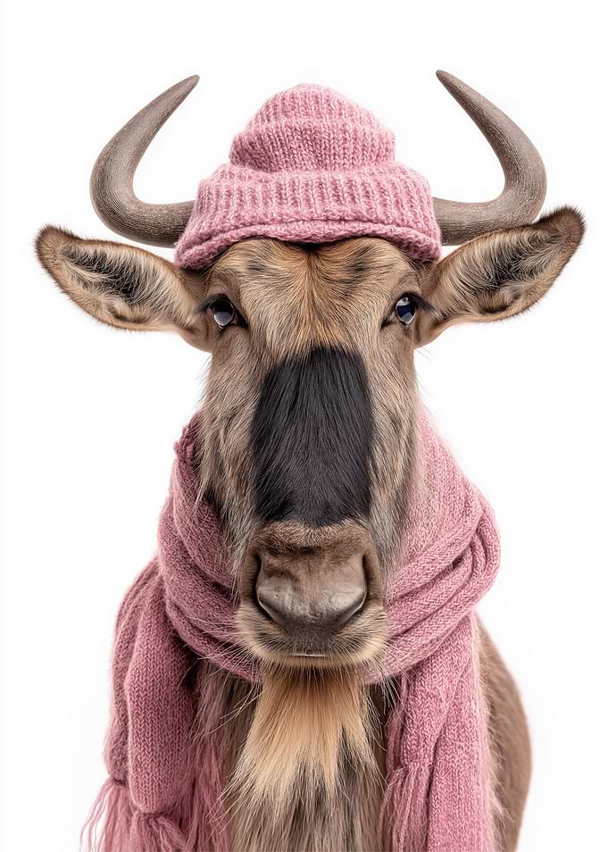 Cozy Wildebeest in Pink Winter Outfit