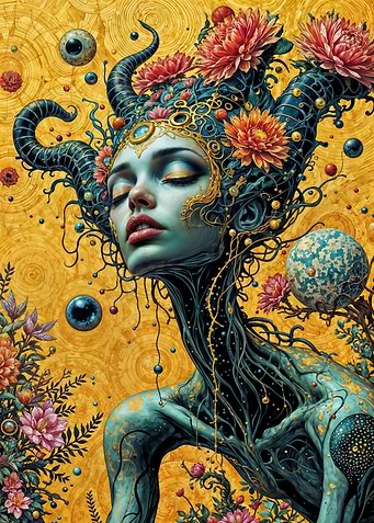 Floral Horned Woman with Ornate Details
