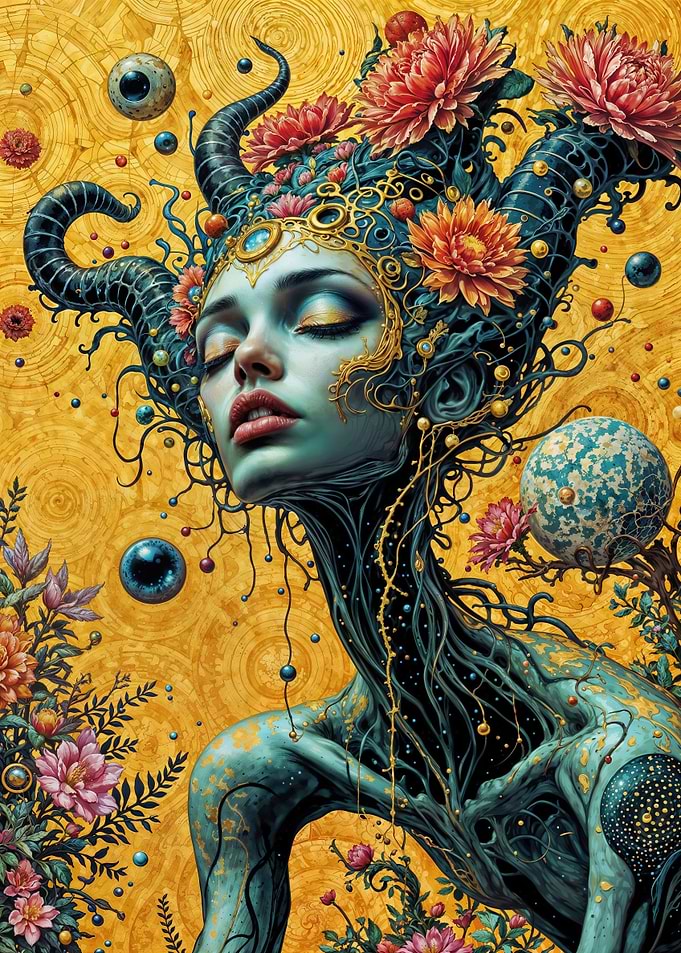 Floral Horned Woman with Ornate Details