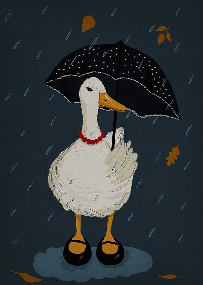 Duck in Rain with Umbrella