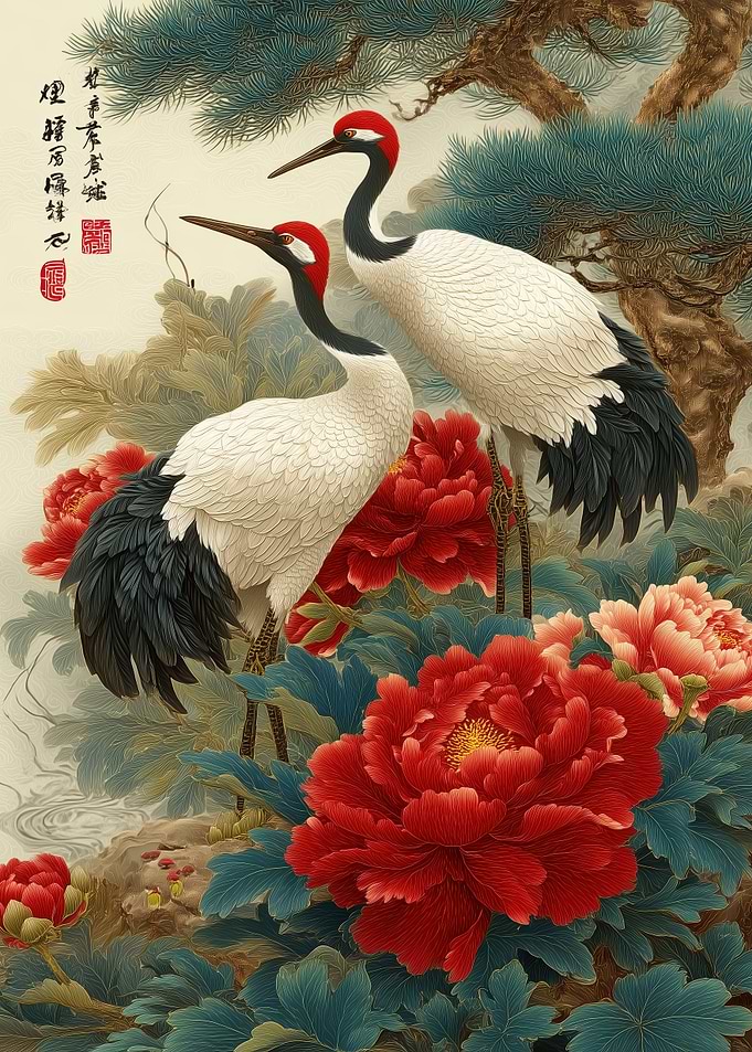 Cranes and Peonies Traditional Art