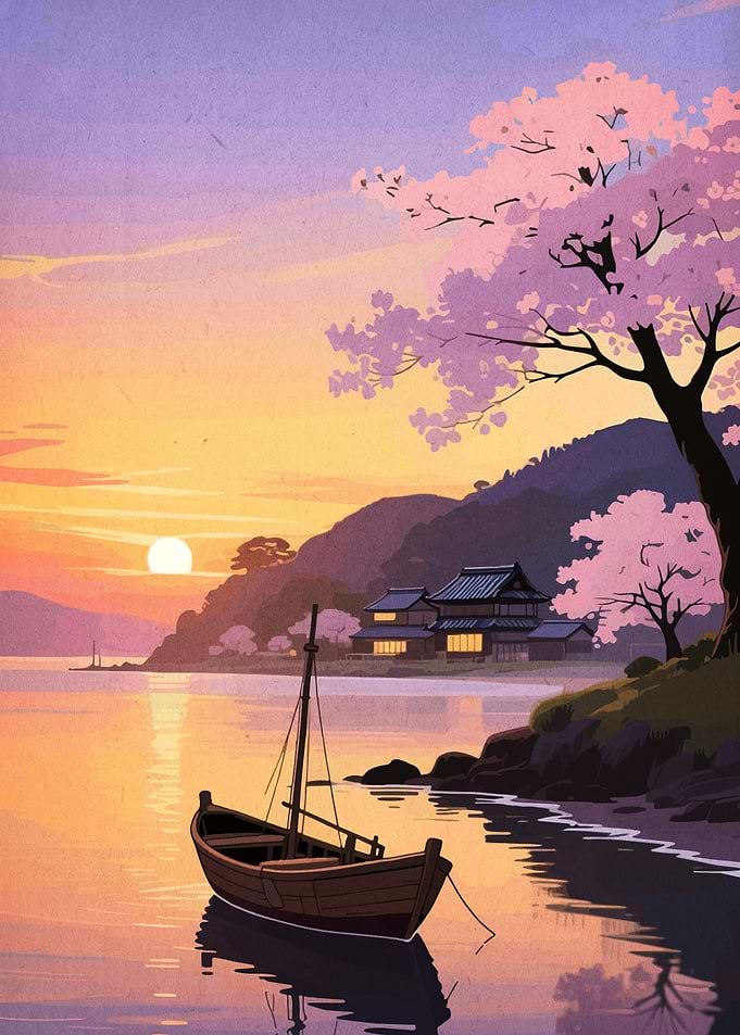 Japanese Landscape with Boat and Cherry Blossoms