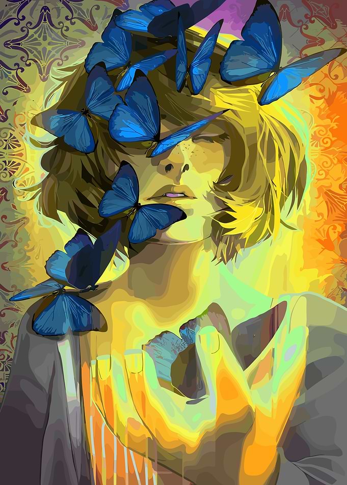 Girl with Blue Butterflies Digital Art