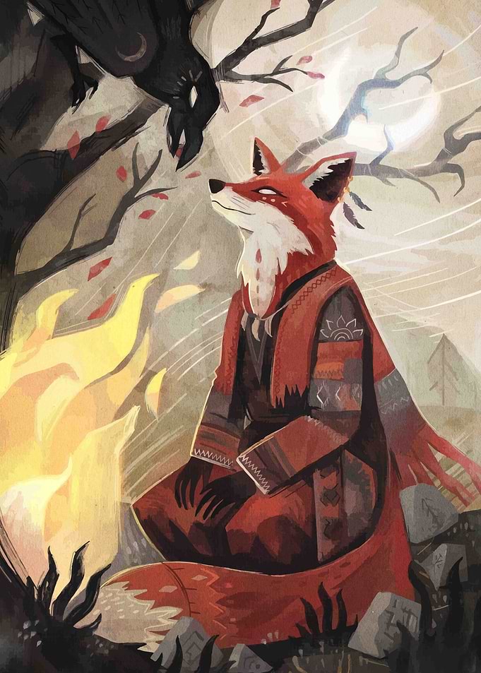 Fox and Raven by the Fire
