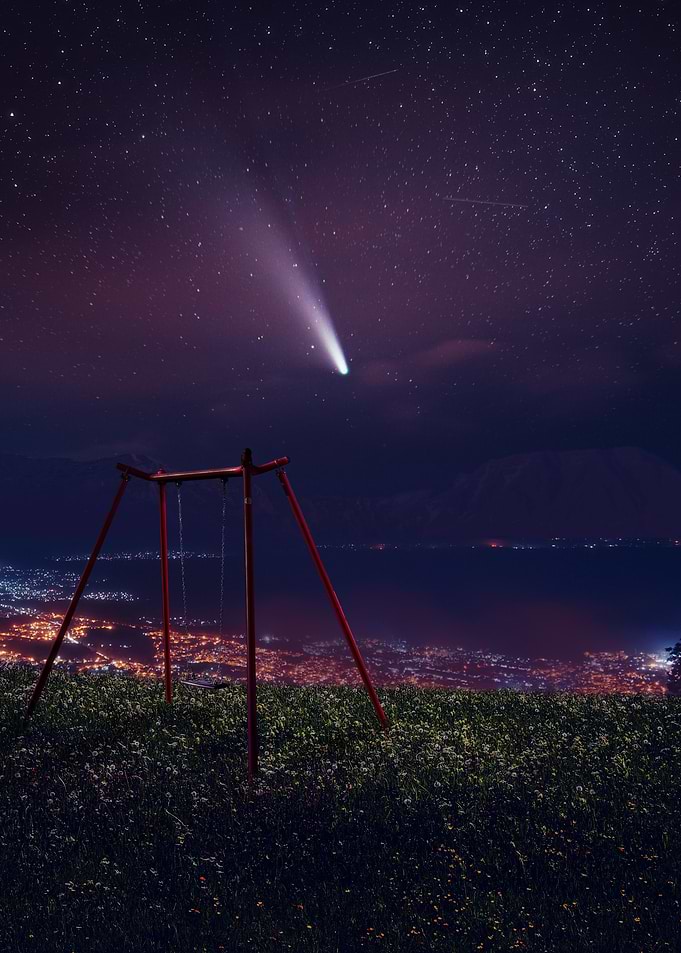 Comet over City and Swing Set