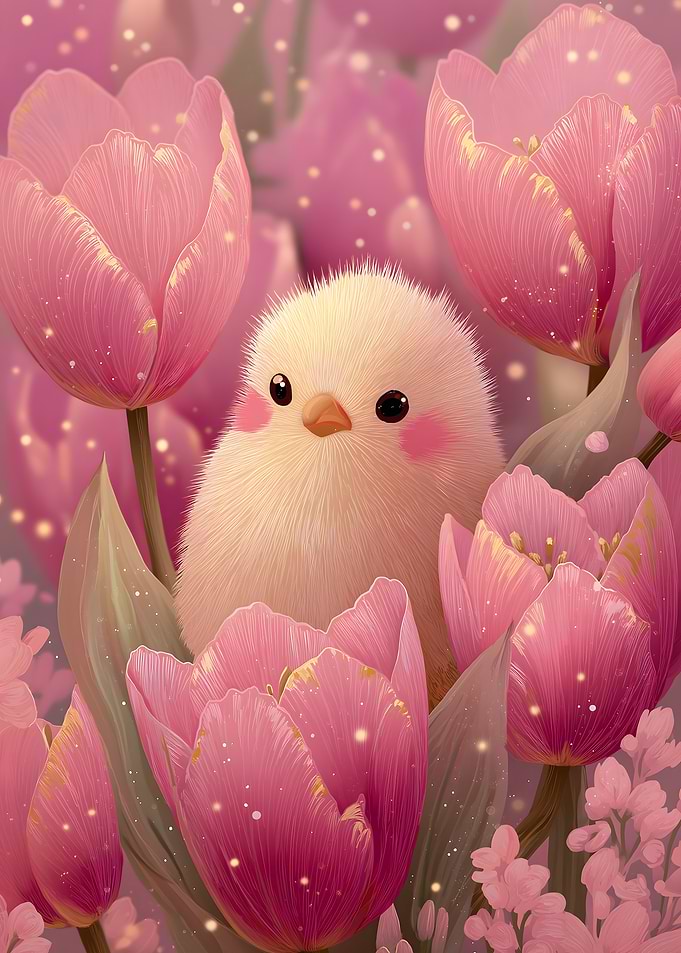 Cute Chick in Pink Tulips