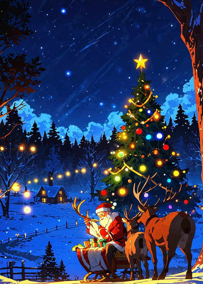 Santa Claus with Reindeer Christmas Night
