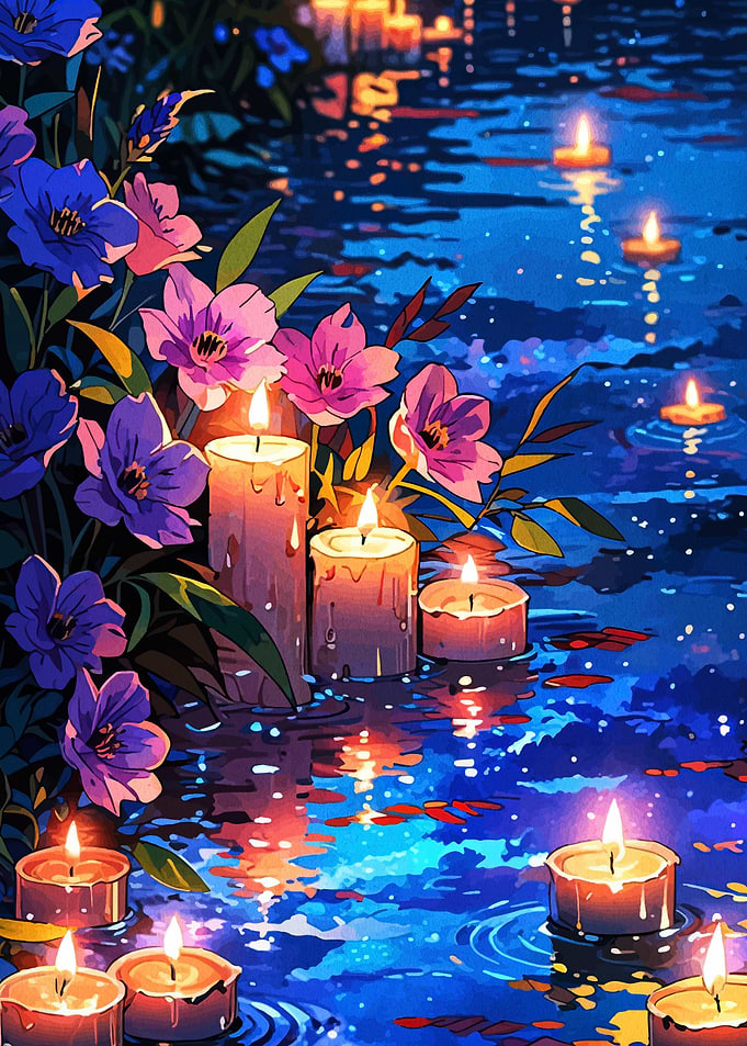 Candles and Flowers on Water