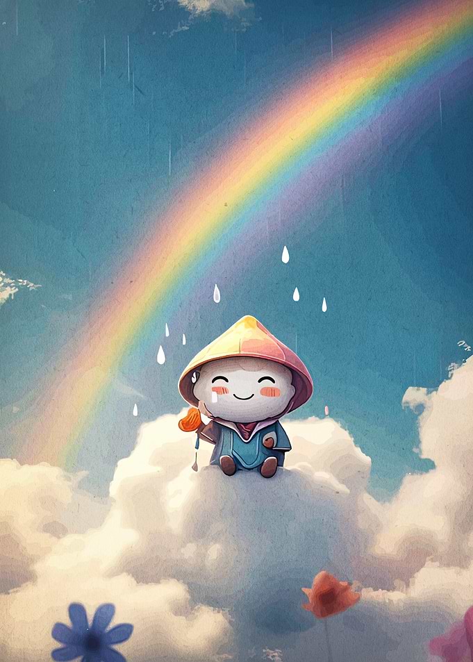 Cute Character Under Rainbow in the Rain
