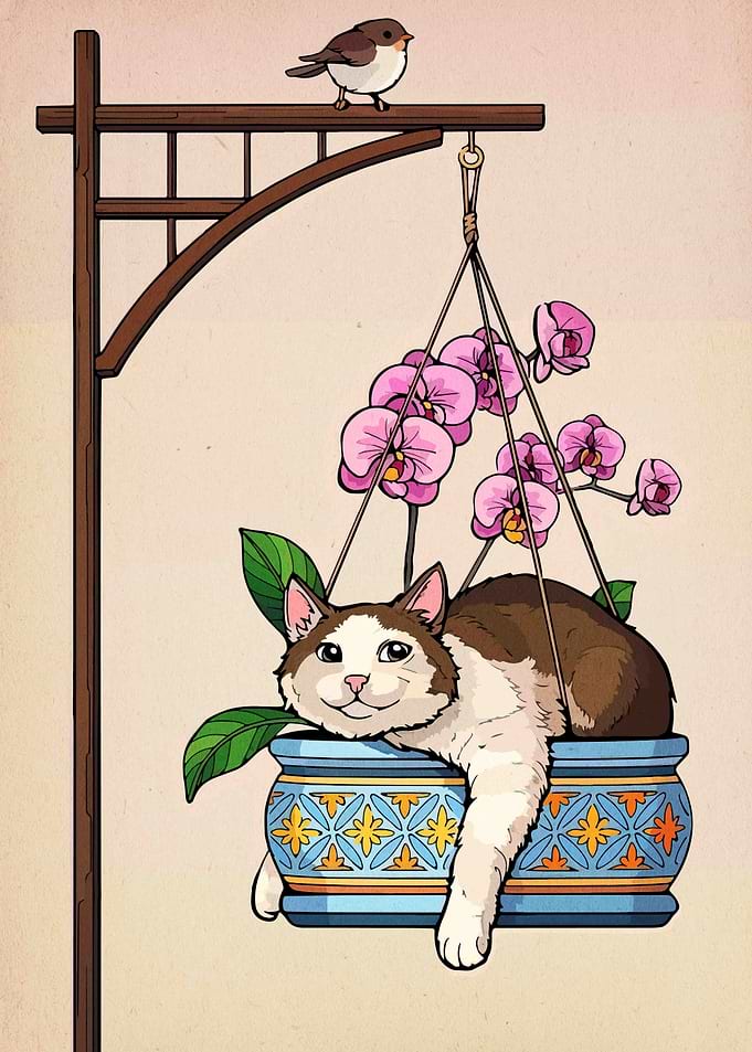 Cat in Hanging Flower Pot