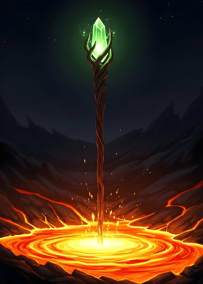 Glowing Crystal Staff in Lava Pool