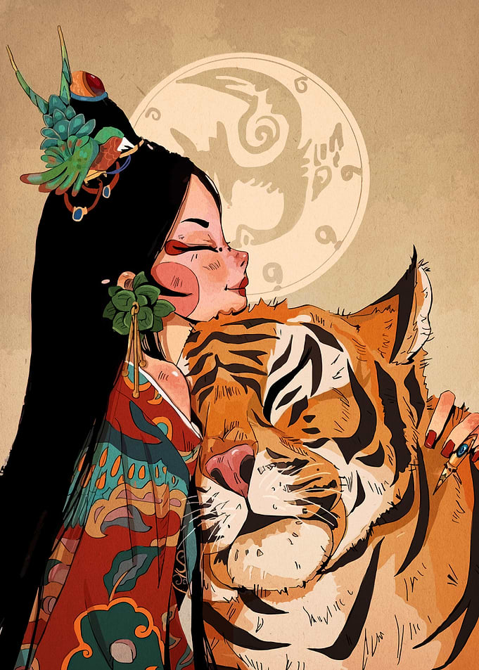 Woman and Tiger Illustration