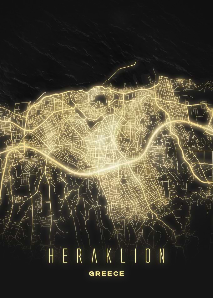 Heraklion, Greece - Illuminated City Map Poster, Nightscape Street Art