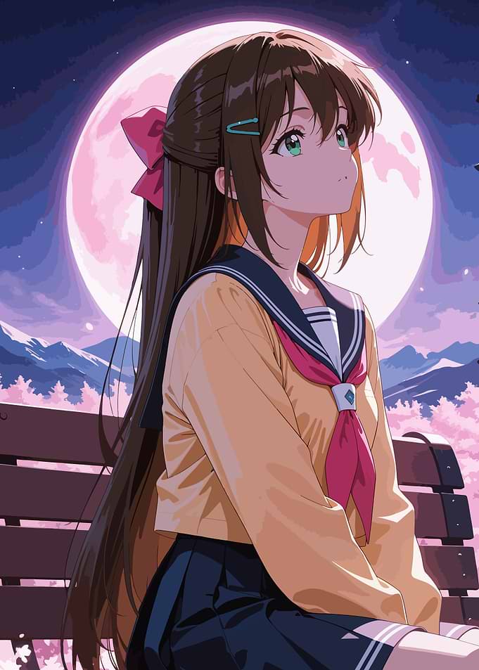 Anime Girl Under Pink Moon