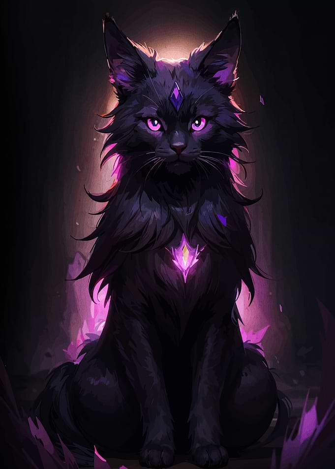 Mystical Black Cat with Purple Gems