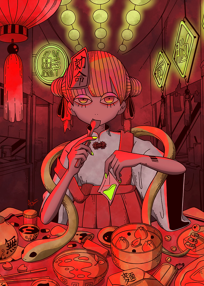 Asian-inspired girl with snake and food