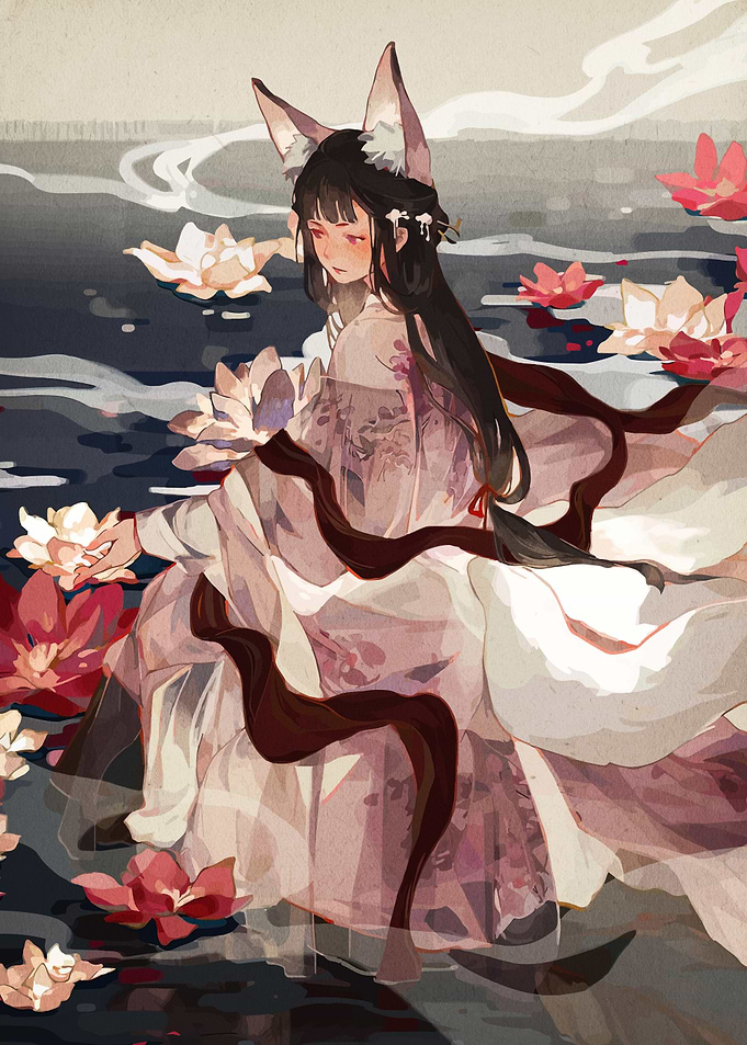 Fox Girl in Lotus Pond