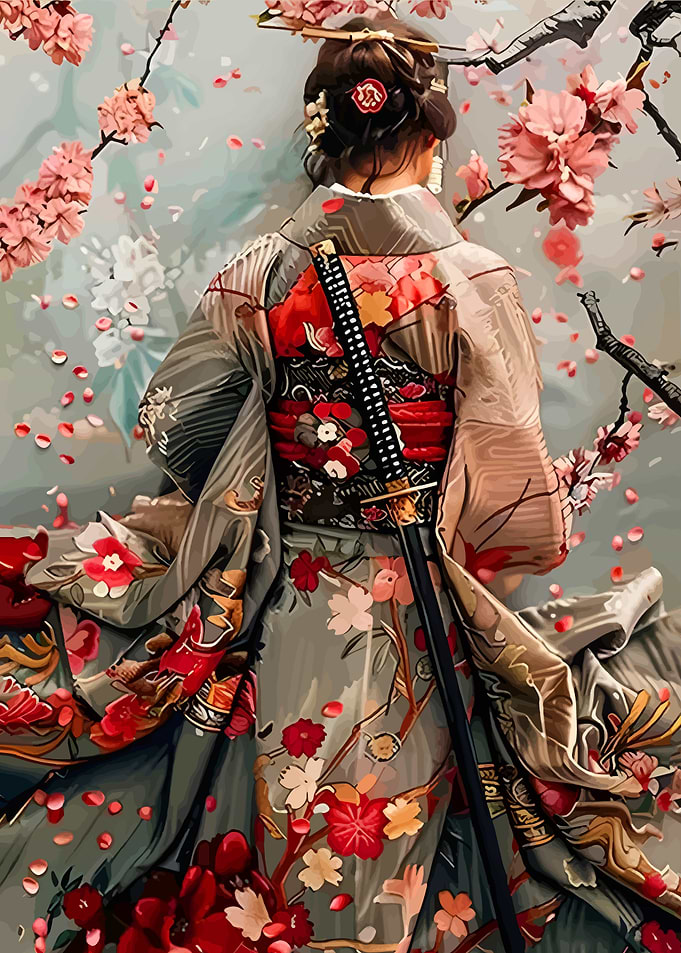 Geisha with Katana and Cherry Blossoms